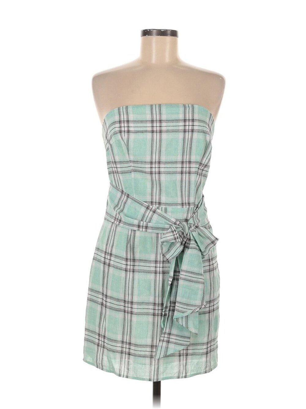 Etophe Studios Green Cotton Linen Plaid Strapless Waist Tie Dress Med Preppy